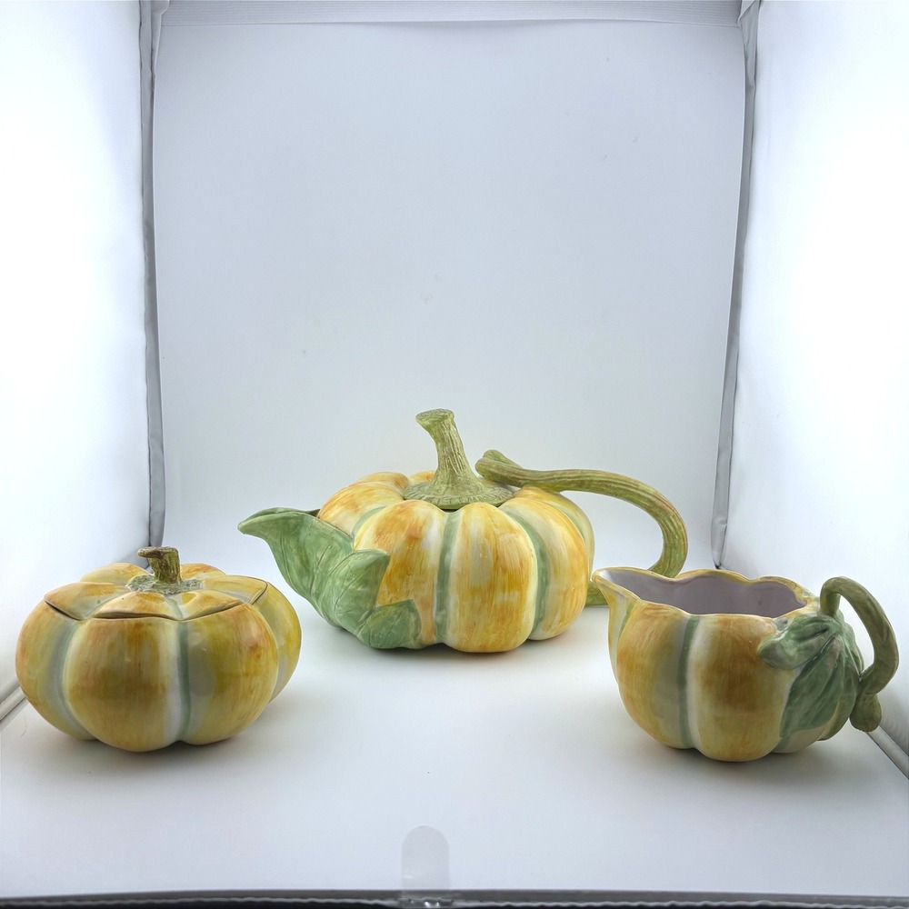 Vintage Hollywood Regency Ceramic Pumpkin Teapot Sugar Creamer  Made in Italy